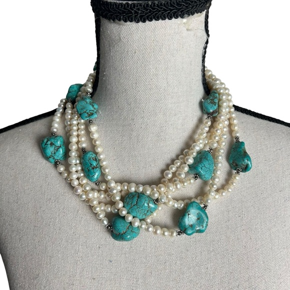 Elegant Freshwater Pearl and Turquoise Sterling Choker Necklace EC 19.5”